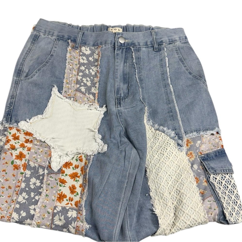 ONLY 1 LEFT! NO RESTOCK! POL Patchwork Detail Woven Twill Denim Pants Small - Picture 10 of 11